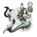 mermaid with potion bottle morphing tattoo design idea