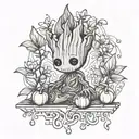 groot made of puzzle pieces holding a lily and a bundle of peaches his feet  tattoo design idea