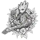 groot made of puzzle pieces holding a lily and a bundle of peaches his feet  tattoo design idea
