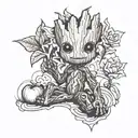 groot made of puzzle pieces holding a lily and a bundle of peaches his feet  tattoo design idea