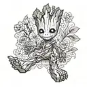 groot made of puzzle pieces holding a lily and a bundle of peaches his feet  tattoo design idea