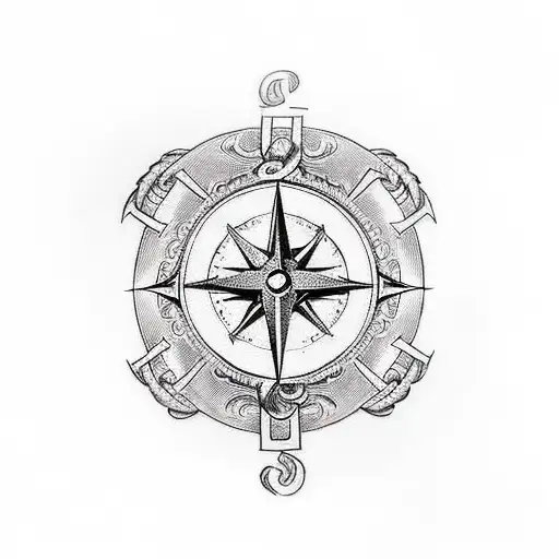 A traditional-style tattoo featuring a bold compass, clock, and anchor design, with the words 'God' and 'family' beautifully incorporated into the anchor. Add decorative elements like banners or scrolls with the names Mercedes, Lisbeth, and Alex. tattoo design idea