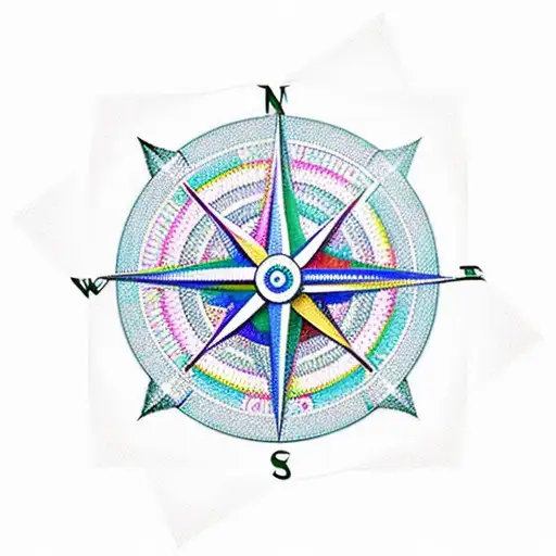 An abstract interpretation of a compass, clock, and anchor, with vibrant colors and geometric shapes, symbolizing the ever-present guidance of God and family. Include the names Mercedes, Lisbeth, and Alex in a modern font. tattoo design idea