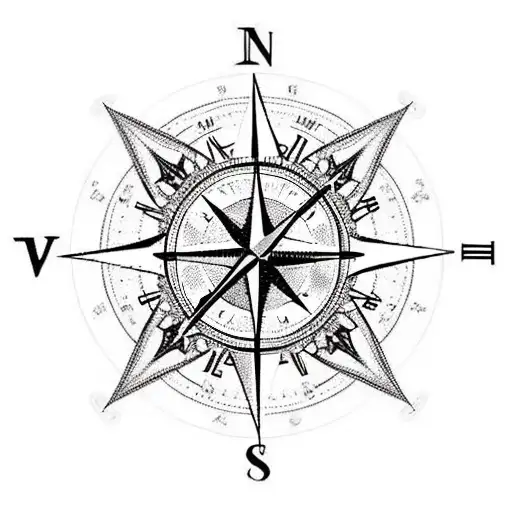 A compass, clock, and anchor intertwined with a vibrant rose and thorny vines, symbolizing the strength and guidance of God and family. Incorporate the names Mercedes, Lisbeth, and Alex in an elegant script. tattoo design idea