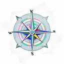An abstract interpretation of a compass, clock, and anchor, with vibrant colors and geometric shapes, symbolizing the ever-present guidance of God and family. Include the names Mercedes, Lisbeth, and Alex in a modern font. tattoo design idea