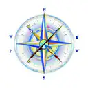 An abstract interpretation of a compass, clock, and anchor, with vibrant colors and geometric shapes, symbolizing the ever-present guidance of God and family. Include the names Mercedes, Lisbeth, and Alex in a modern font. tattoo design idea