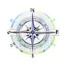 An abstract interpretation of a compass, clock, and anchor, with vibrant colors and geometric shapes, symbolizing the ever-present guidance of God and family. Include the names Mercedes, Lisbeth, and Alex in a modern font. tattoo design idea