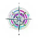 An abstract interpretation of a compass, clock, and anchor, with vibrant colors and geometric shapes, symbolizing the ever-present guidance of God and family. Include the names Mercedes, Lisbeth, and Alex in a modern font. tattoo design idea