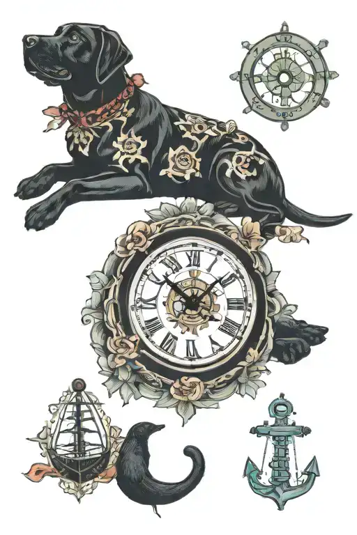 black lab, Las Vegas, 2 daughters, nautical clock  tattoo design idea