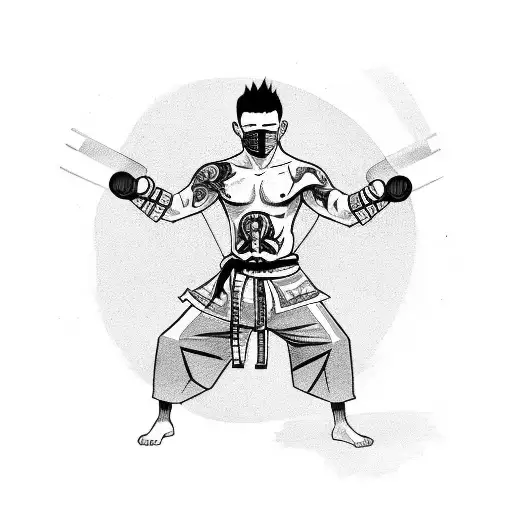 A sketch-style tattoo of an anime character practicing Mixed Martial Arts moves while wearing a mask and holding nunchaku tattoo design idea