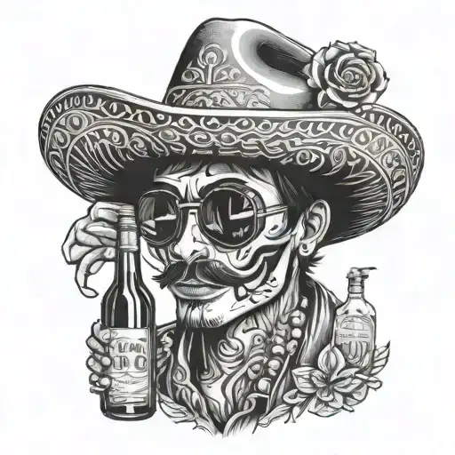 a Mexican who has tattoos, wearing a hat and holding a bottle of tequila tattoo design idea