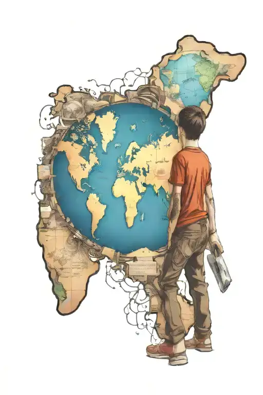 My son walks with a world map tattoo design idea