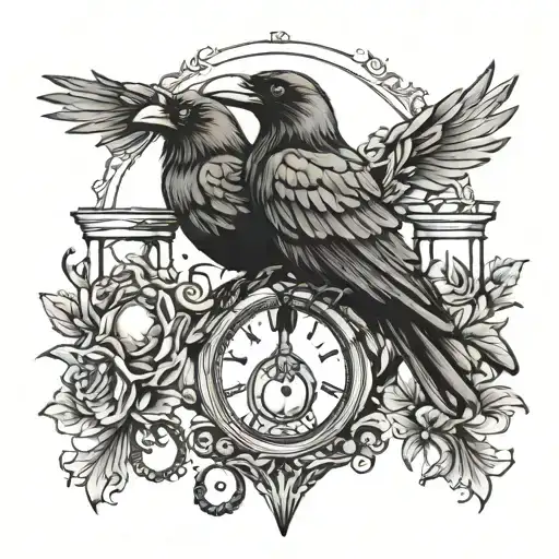 raven, key, and hourglass tattoo design idea
