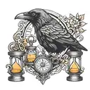 raven, key, and hourglass tattoo design idea