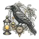 raven, key, and hourglass tattoo design idea