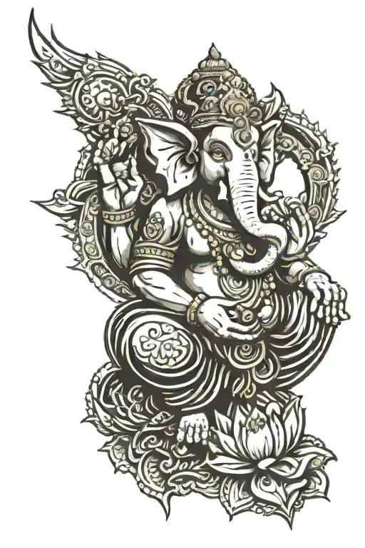 evil 6 arm ganesha sitting in lotus pose tattoo design idea