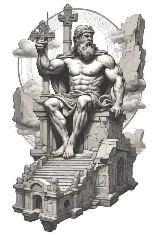 Hephaestus on top of castle with Greek orthodox cross acropolis tattoo design idea