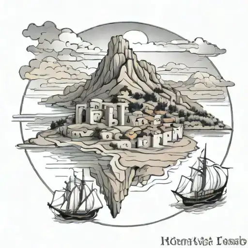 A black-grey tattoo of the island of Lemnos, known for its connection to Hephaestus and its castle ruins tattoo design idea