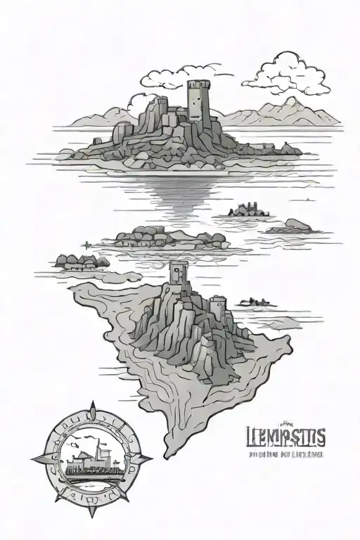 A black-grey tattoo of the island of Lemnos, known for its connection to Hephaestus and its castle ruins tattoo design idea