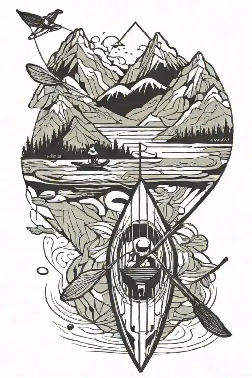 kayak paddle river and paragliding mountain landscape tattoo design idea