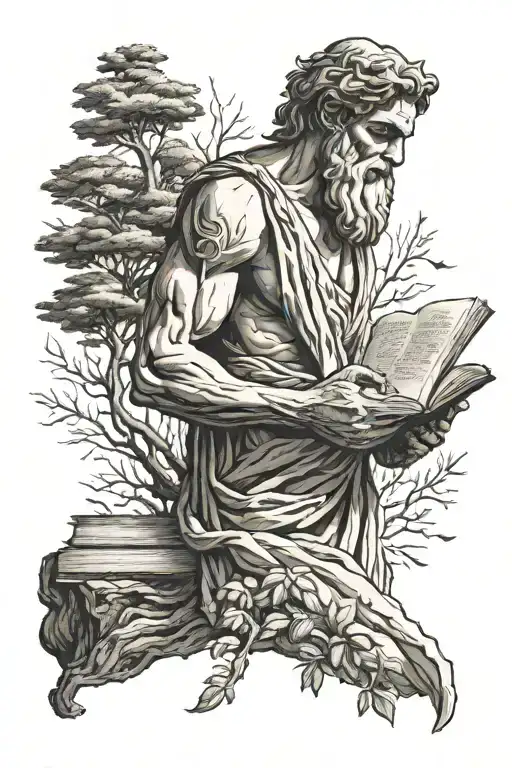 Greek god holding open book in forest tattoo design idea