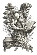 Greek god holding open book in forest tattoo design idea