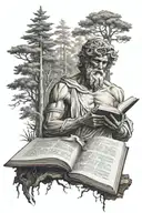 Greek god holding open book in forest tattoo design idea