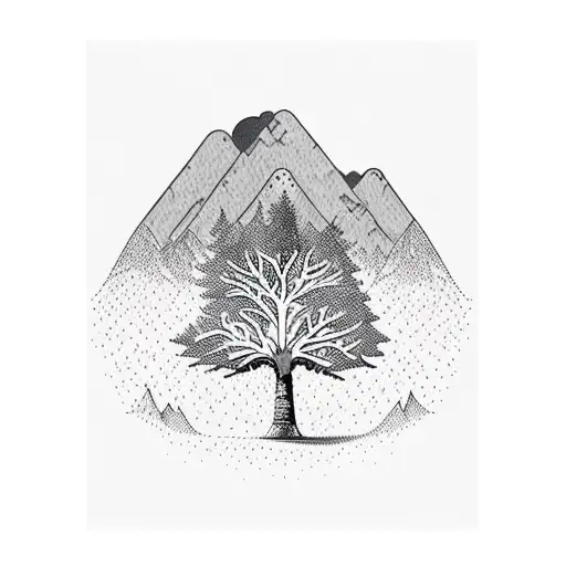 a tree with mountains as the bark, one side is in winter the other summner tattoo design idea