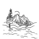a tree in front of a lake with mountains in the background, the reflection of the mountains in the water are snowy tattoo design idea