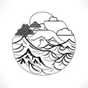 a tree in front of a lake with mountains in the background, the reflection of the mountains in the water are snowy tattoo design idea