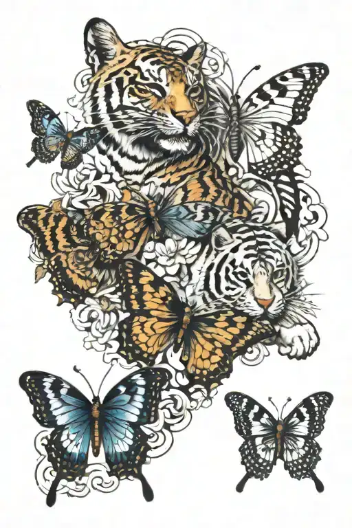 4 butterfly with tiger walking tattoo design idea