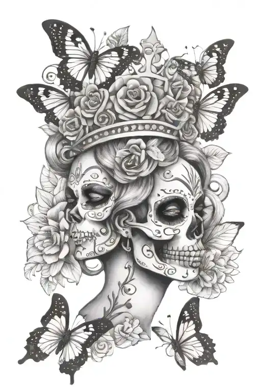 candy skull goddess with a crown and butterfly tattoo design idea