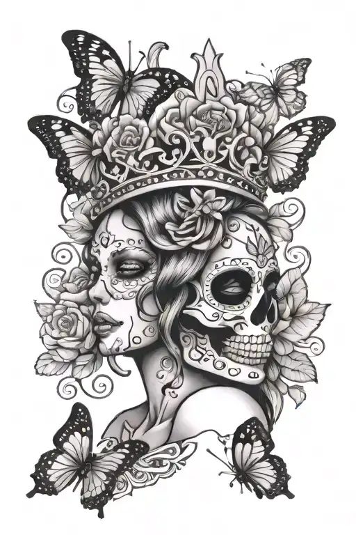 candy skull goddess with a crown and butterfly tattoo design idea