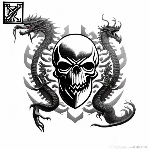 shield with a turbo skull with black metal lettering and a dragon tattoo design idea