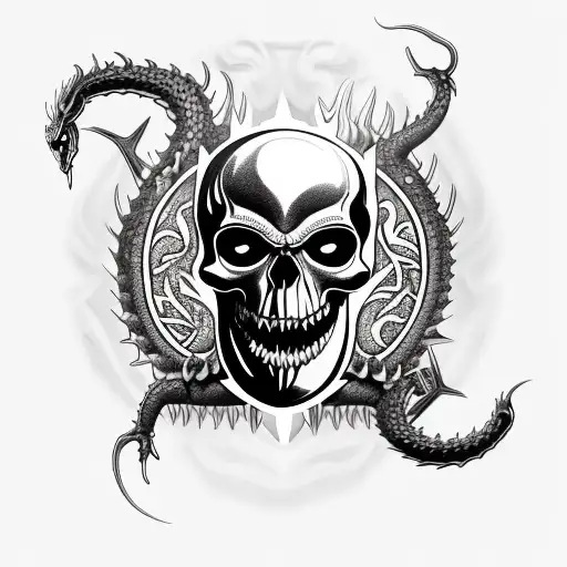shield with a turbo skull with black metal lettering and a dragon tattoo design idea