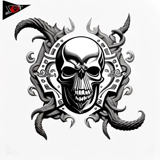 shield with a turbo skull with black metal lettering tattoo design idea