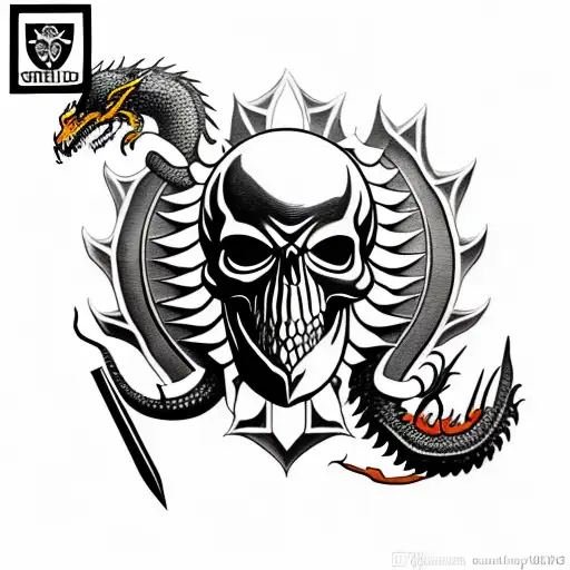 shield with a realistic skull with black metal lettering and a dragon tattoo design idea