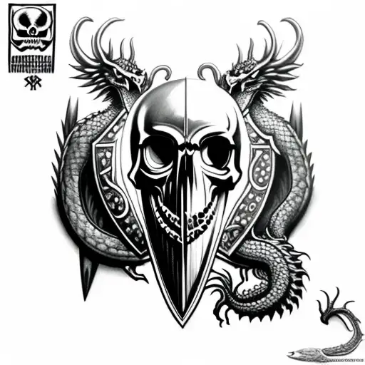 shield with a realistic skull with spikes and a dragon and owl eyes tattoo design idea