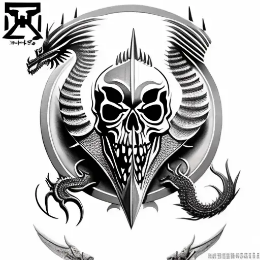 shield with a realistic skull with spikes and a dragon and owl eyes tattoo design idea