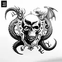 shield with a turbo skull with black metal lettering and a dragon tattoo design idea