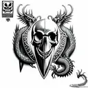 shield with a realistic skull with spikes and a dragon and owl eyes tattoo design idea