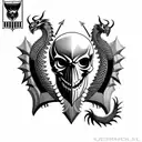 shield with a realistic skull with spikes and a dragon and owl eyes tattoo design idea