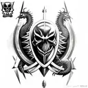 shield with a realistic skull with spikes and a dragon and owl eyes tattoo design idea
