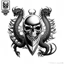 shield with a realistic skull with spikes and a dragon and owl eyes tattoo design idea