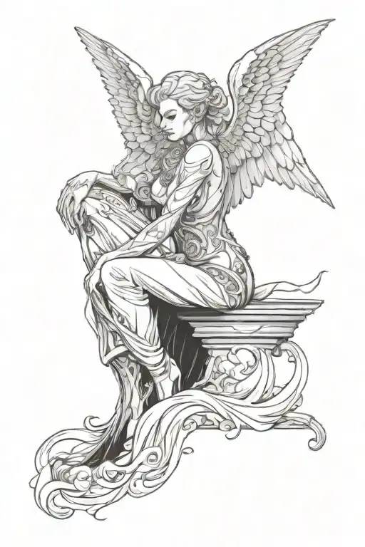 Draw a tattoo of a fallen angel sitting introspectively, with detailed wings around the body. The angel should have a ha tattoo design idea
