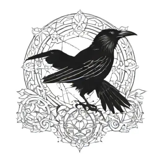 a minimalist crow, dull black whit little details  tattoo design idea