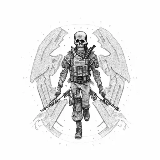 grim reaper wearing tactical vest holding prc-152 in cementary  tattoo design idea