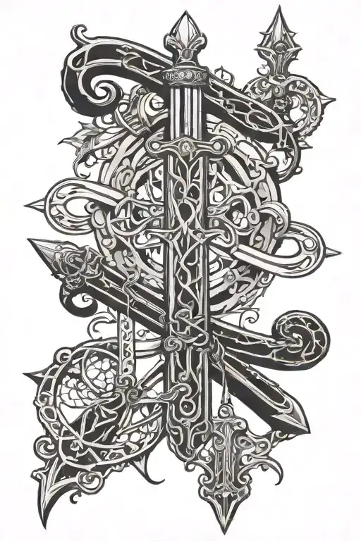 Sword of Damocles hanging over infinity symbol intertwined tattoo design idea