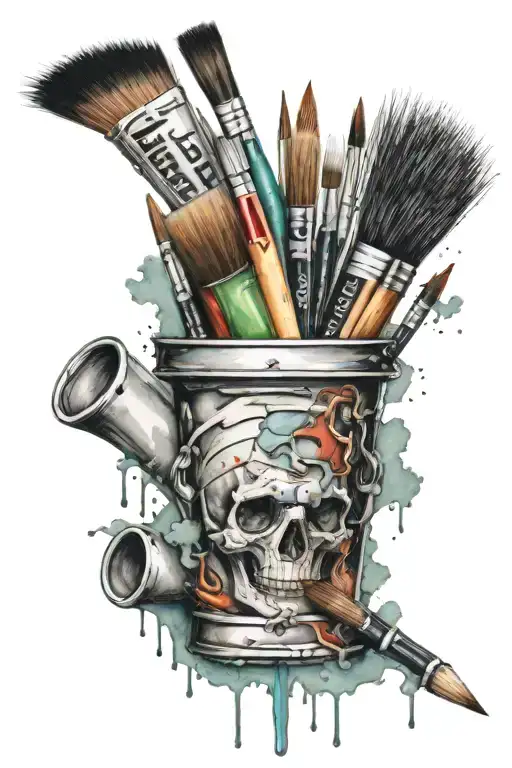 art inspired tattoo design featuring paint brushes, paint tubes, paint pots, pencils,  tattoo design idea