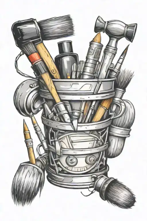 art inspired tattoo design featuring paint brushes, paint tubes, paint pots, pencils,  tattoo design idea